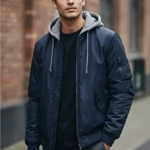Hollister Dark Blue Bomber Jacket with Gray Accents